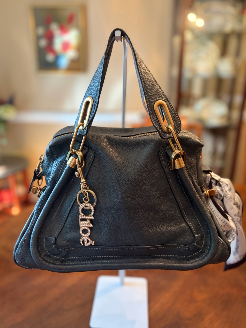 Chloe Paraty Bag in Dark Gray Leather with Gold Hardware and Charm EUC!